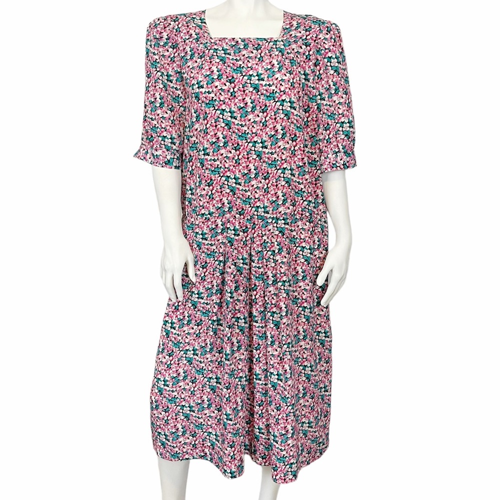VINTAGE 90’s Pink Green Ditsy Floral Square Neck Midi Dress